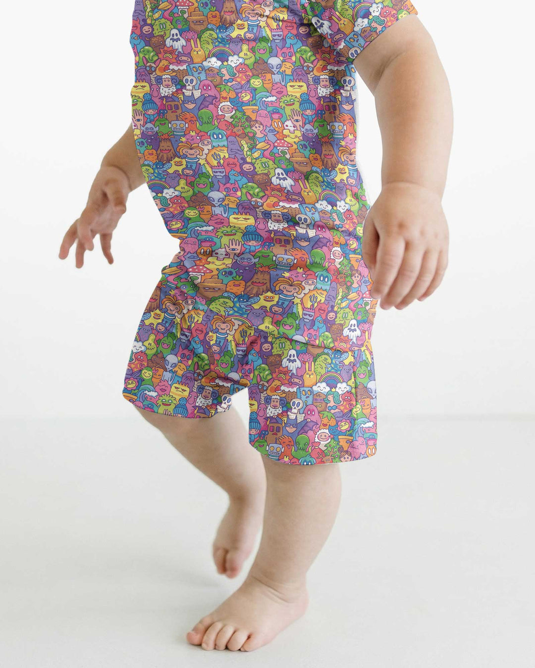 Doodle Characters Pastel Bamboo Two Piece Short Sleeve Shorts Pajama Set