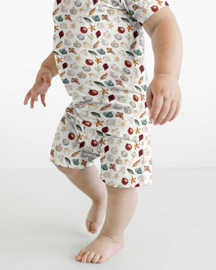 Watercolor Christmas Ornaments Bamboo Two Piece Short Sleeve Shorts Pajama Set