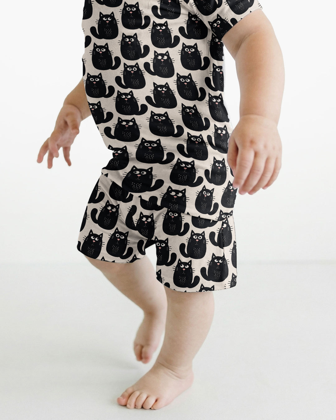 Moody Black Cats in Black and White Bamboo Two Piece Short Sleeve Shorts Pajama Set