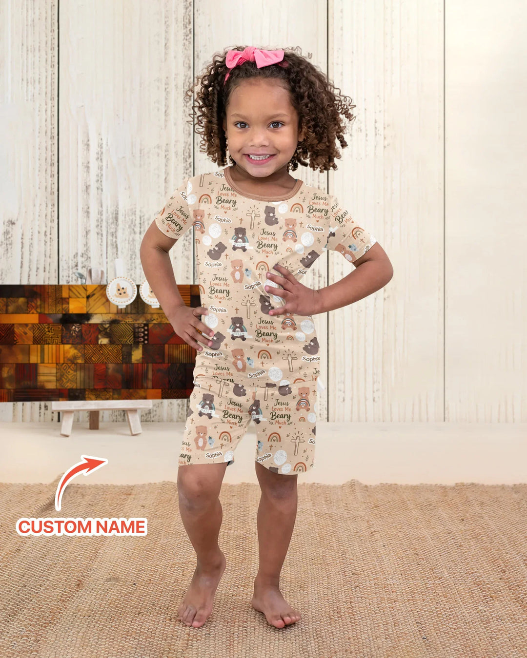 Custom Name Jesus Loves Me Beary Much Bamboo Two Piece Short Sleeve Shorts Pajama Set