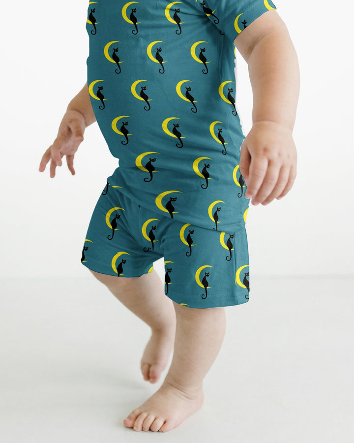 Black Cat Crescent Moon Celestial Night Bamboo Two Piece Short Sleeve Shorts Pajama Set
