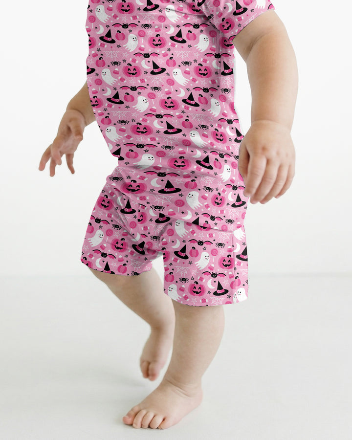 Cute Pink Halloween Ghost Pumpkin Witch Bamboo Two Piece Short Sleeve Shorts Pajama Set