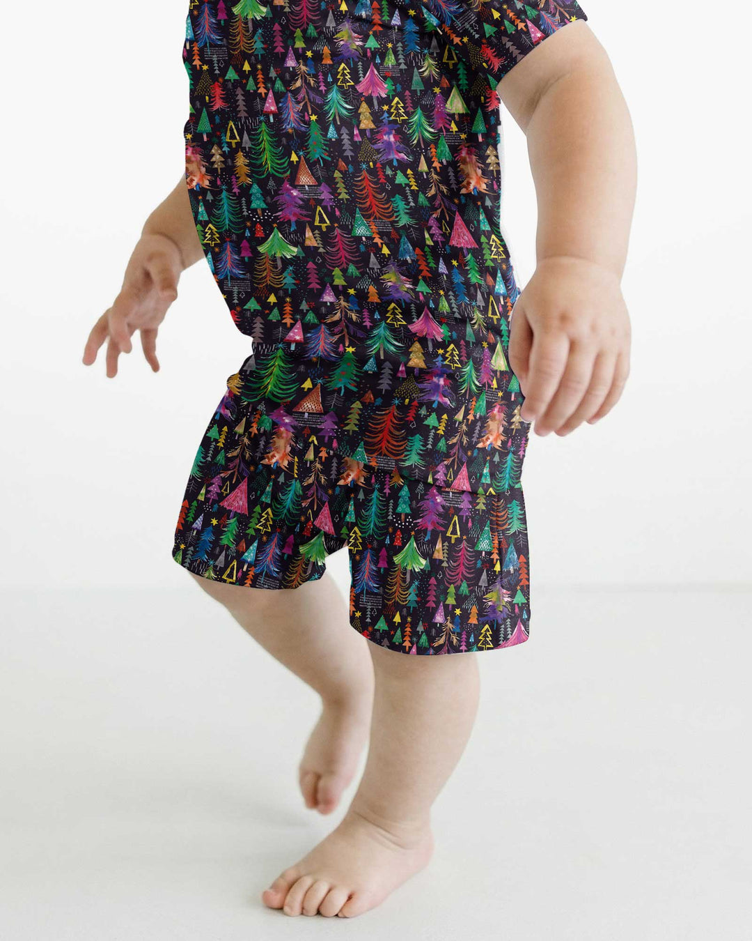 Christmas Holiday Colorful Trees Bamboo Two Piece Short Sleeve Shorts Pajama Set