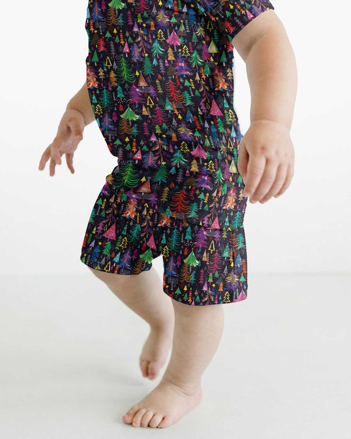 Christmas Holiday Colorful Trees Bamboo Two Piece Short Sleeve Shorts Pajama Set