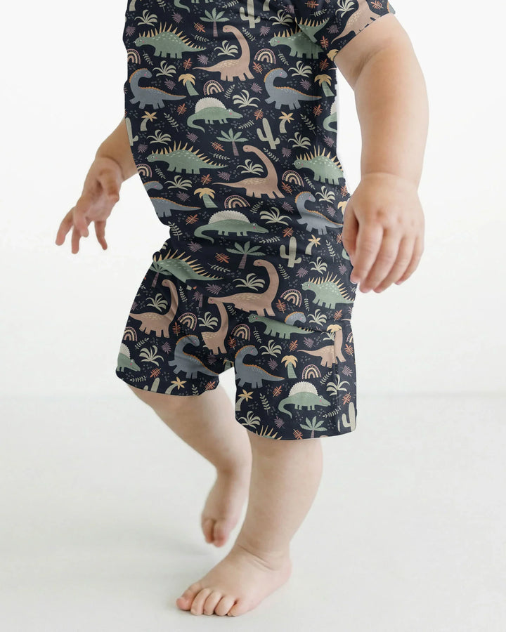 Navy Jurassic Jungle Bamboo Two Piece Short Sleeve Shorts Pajama Set
