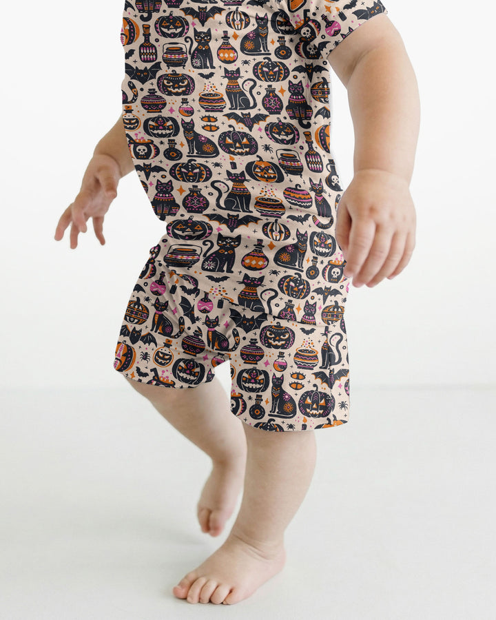 Whimsical Tribal Retro Halloween Black Cats Pumpkins Bamboo Two Piece Short Sleeve Shorts Pajama Set