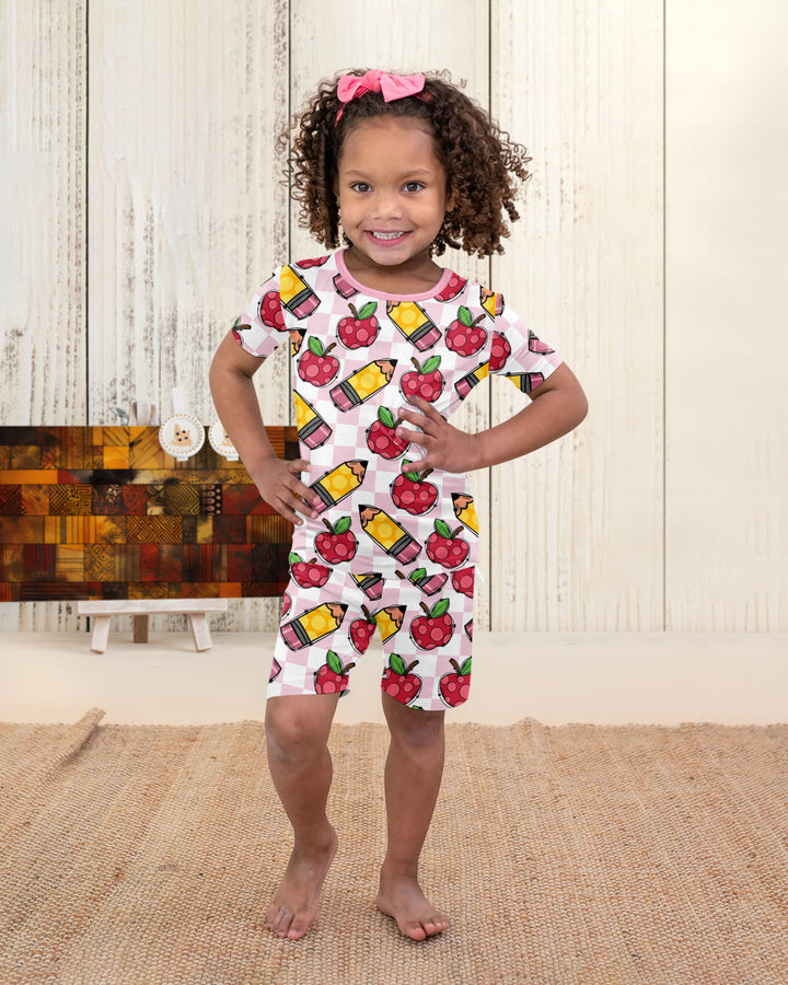 Checkered Apple Scribbles Bamboo Two Piece Short Sleeve Shorts Pajama Set