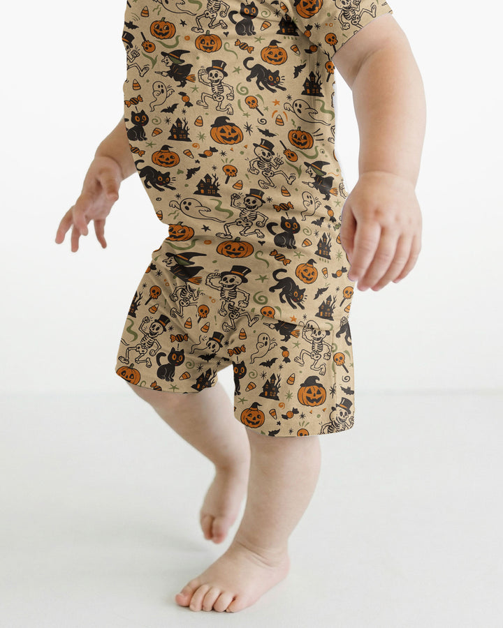 Vintage Skeleton Pumpkin Halloween Bamboo Two Piece Short Sleeve Shorts Pajama Set