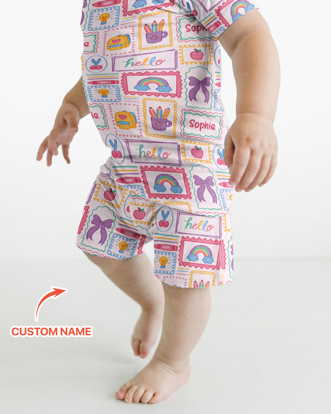 Custom Name Hello School Bamboo Two Piece Short Sleeve Shorts Pajama Set