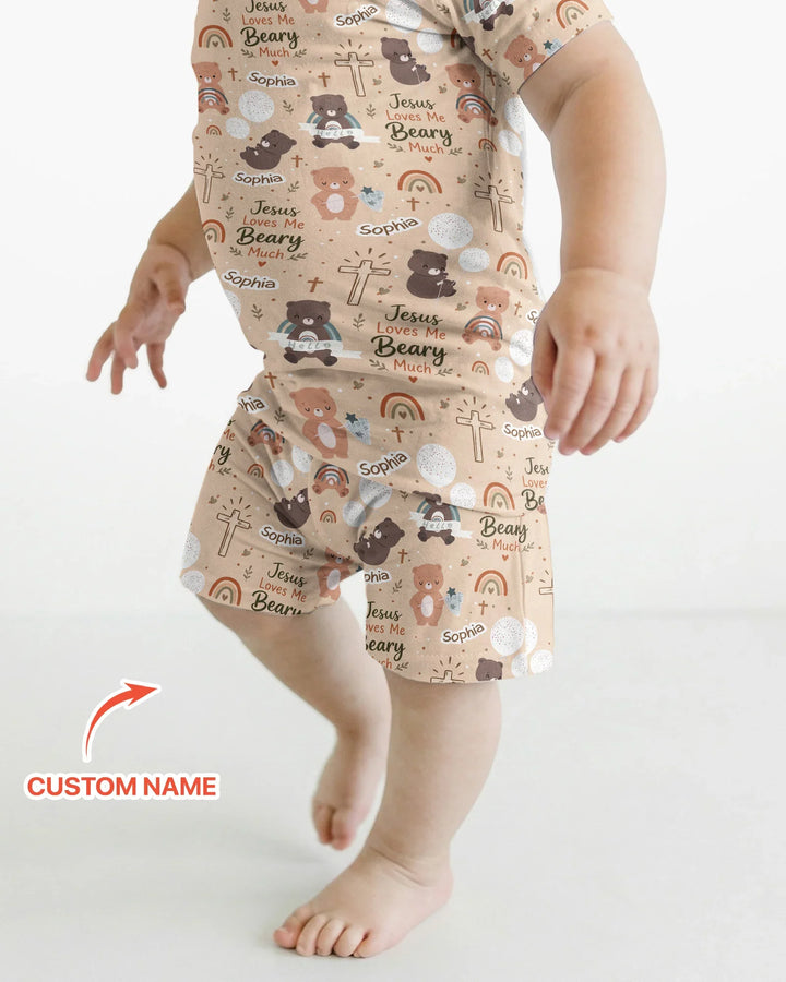Custom Name Jesus Loves Me Beary Much Bamboo Two Piece Short Sleeve Shorts Pajama Set