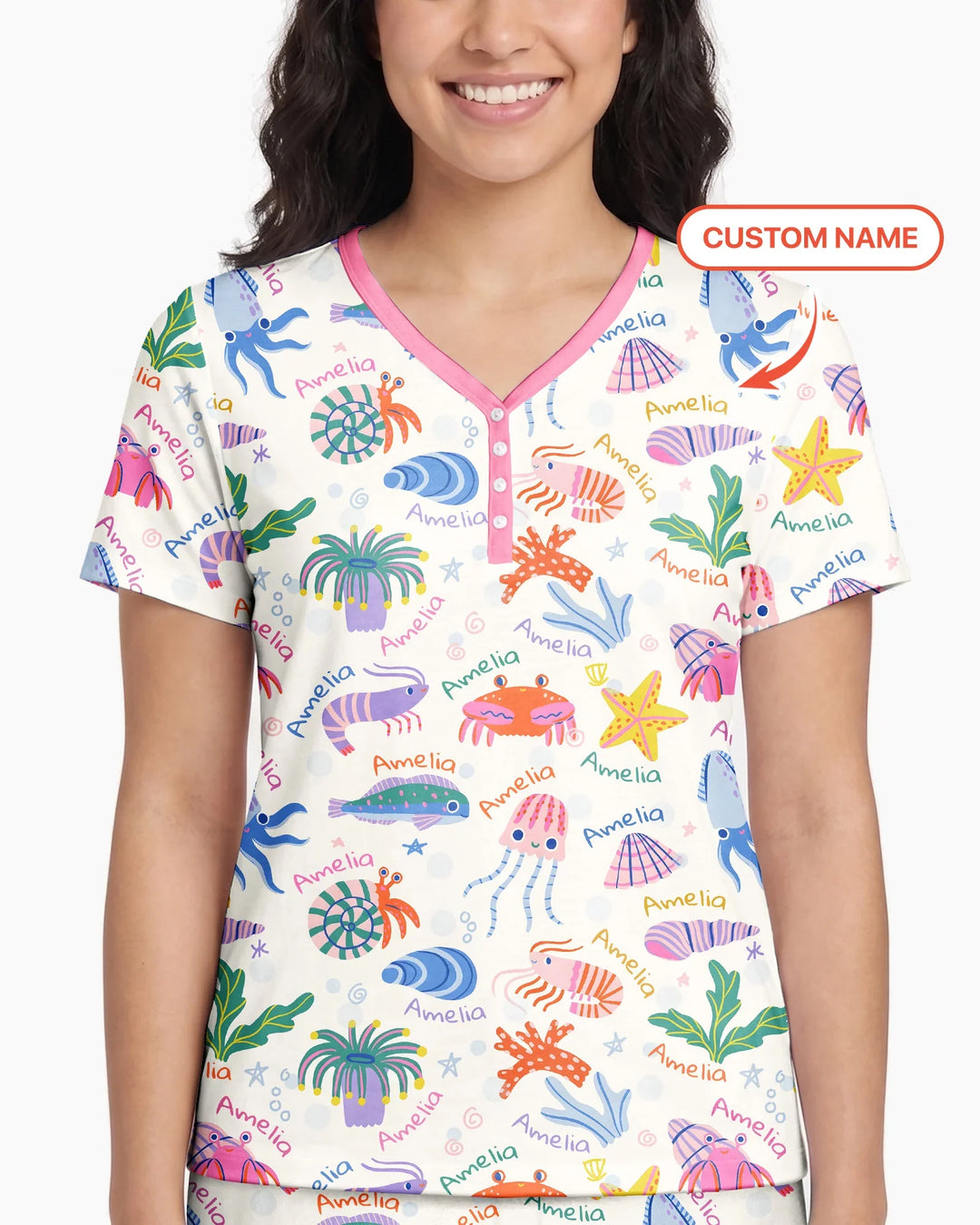 Tide Pool Pals Custom Name Bamboo Women Short Sleeve Short Pajama Set