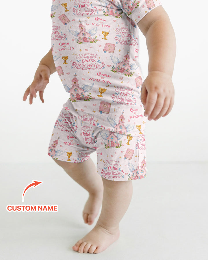 Custom Name Baptism Christening Straight Outta Holy Water Bamboo Two Piece Short Sleeve Shorts Pajama Set
