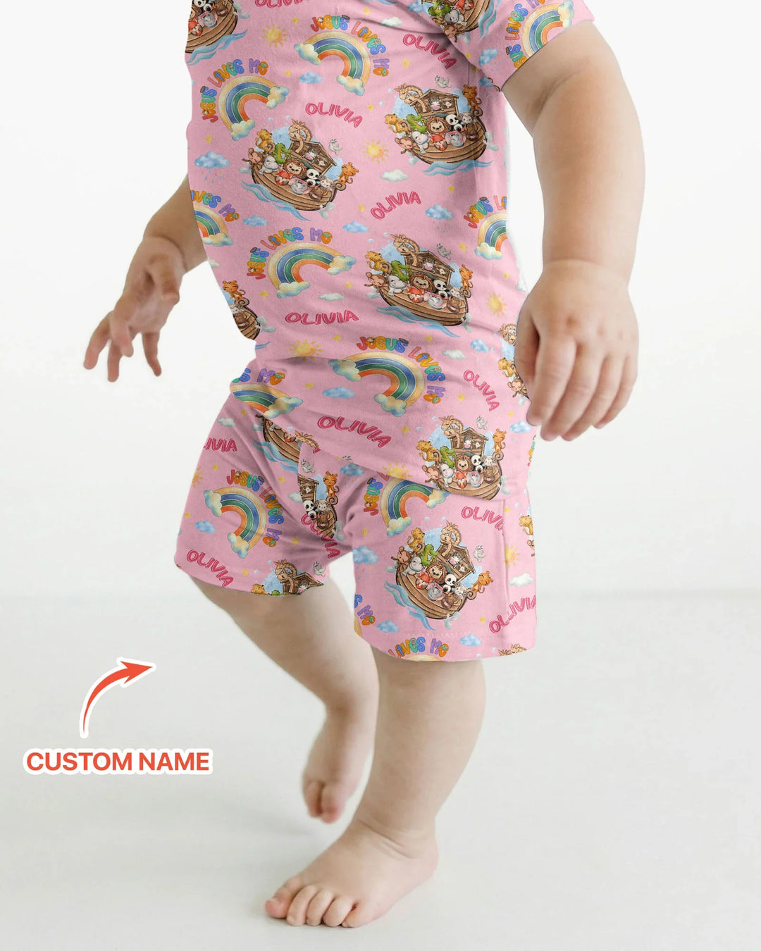 Custom Name Jesus Loves Me Noah's Ark Bamboo Two Piece Short Sleeve Shorts Pajama Set