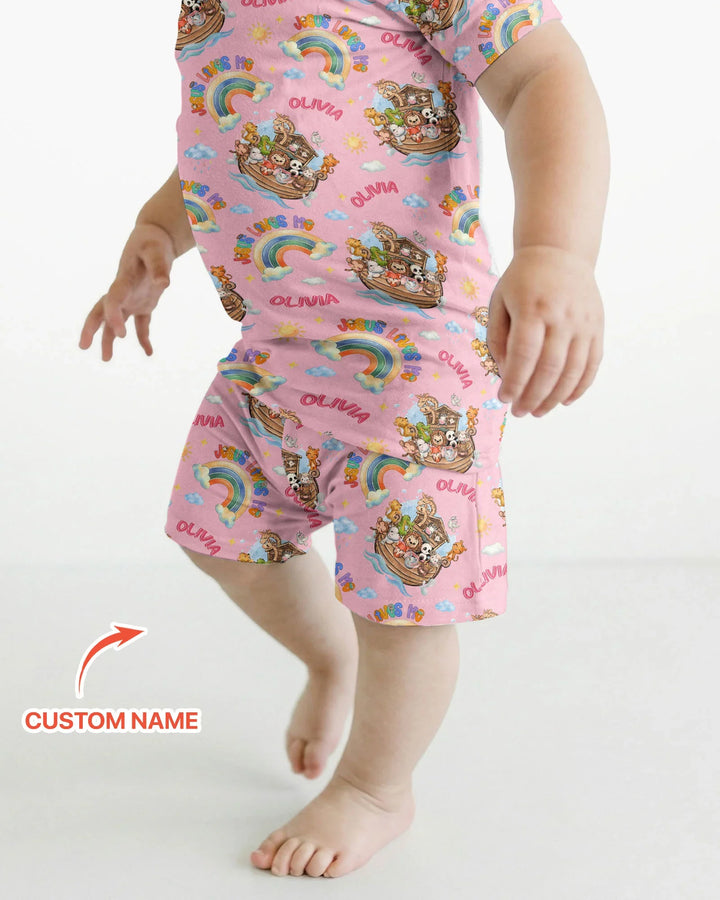 Custom Name Jesus Loves Me Noah's Ark Bamboo Two Piece Short Sleeve Shorts Pajama Set