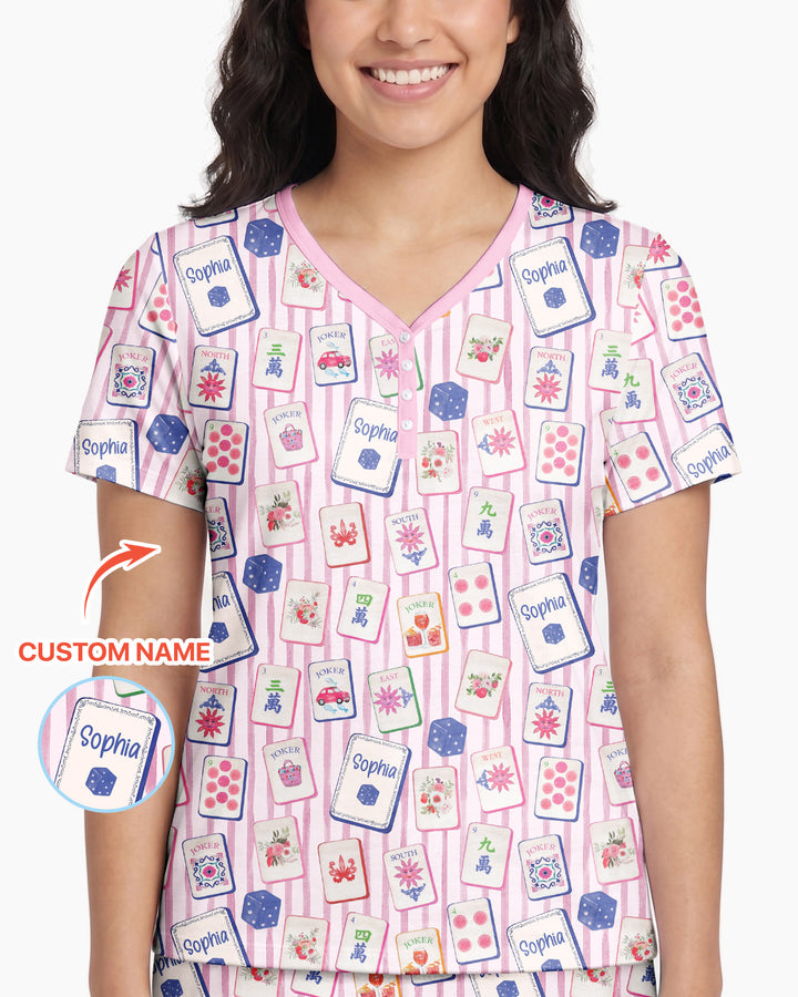 Coastal Mahjong Custom Name Mommy & Me Matching Bamboo Women Short Sleeve Short Pajama Set
