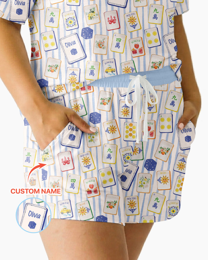 Coastal Mahjong Custom Name Mommy & Me Matching Bamboo Women Short Sleeve Short Pajama Set
