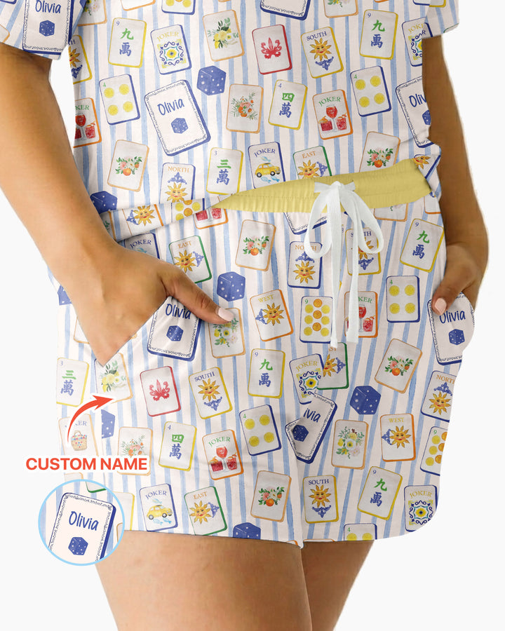 Coastal Mahjong Custom Name Mommy & Me Matching Bamboo Women Short Sleeve Short Pajama Set