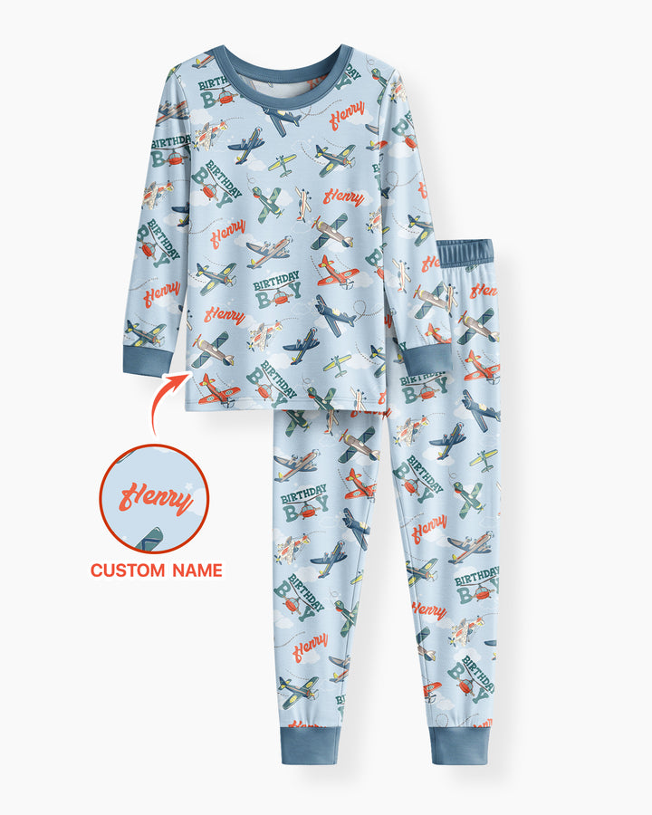 Personalized Airplane Birthday Boy Bamboo Two Piece Long Sleeve Pajama Set
