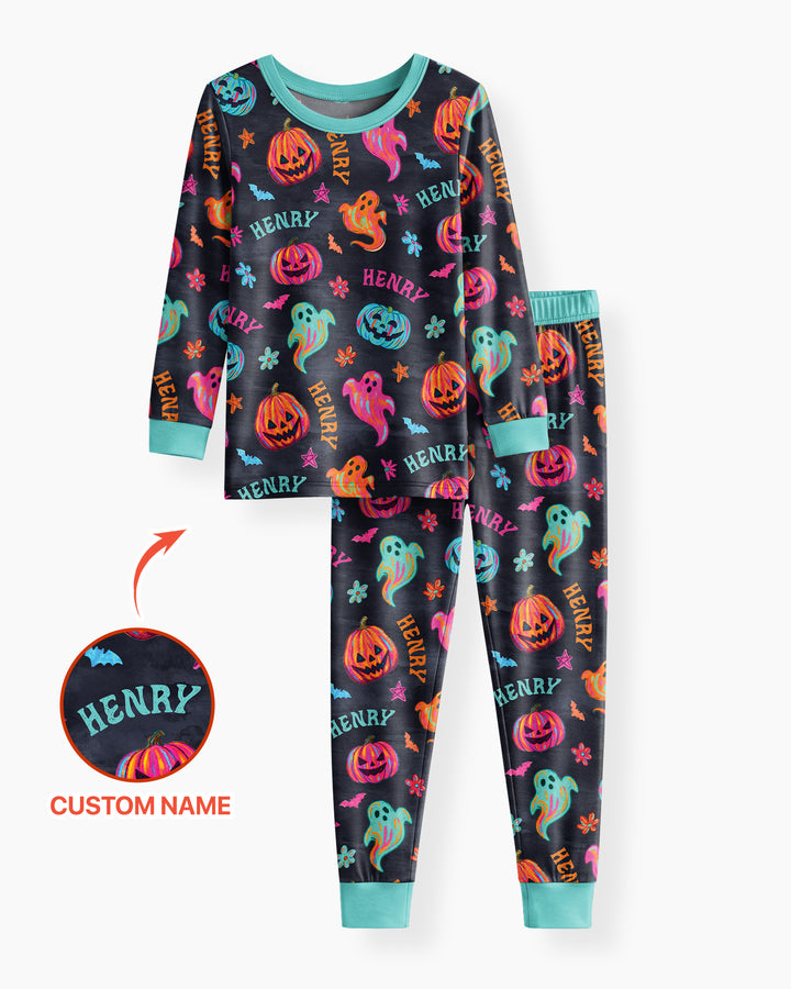 Custom Name Preppy Neon Pumpkin Bamboo Two Piece Long Sleeve Pajama Set