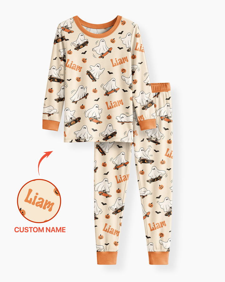Skateboarding Ghost Halloween Bamboo Two Piece Long Sleeve Pajama Set