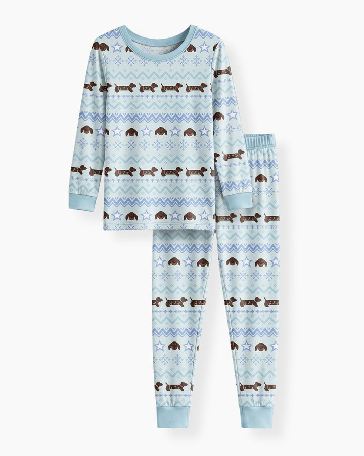 Dachshund Winter Fair Isle Bamboo Two Piece Long Sleeve Pajama Set