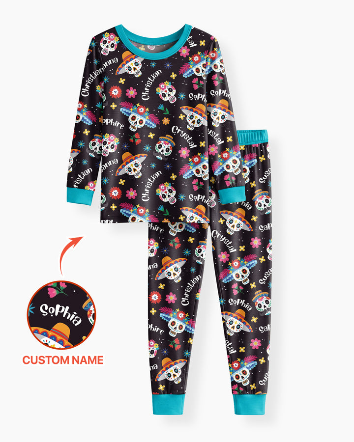 Custom Name Dia De Los Muertos Bamboo Two Piece Long Sleeve Pajama Set