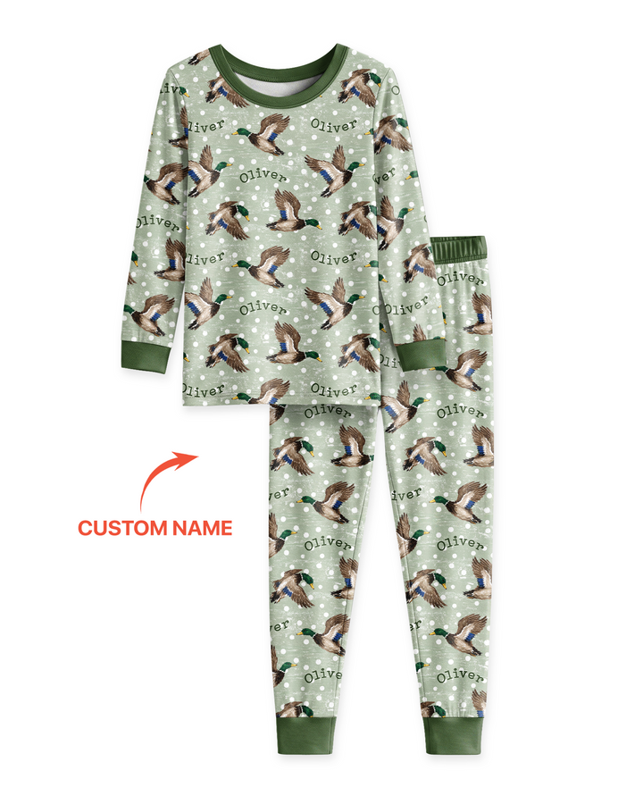 Custom Name Flying Mallard Duck Bamboo Two Piece Long Sleeve Pajama Set