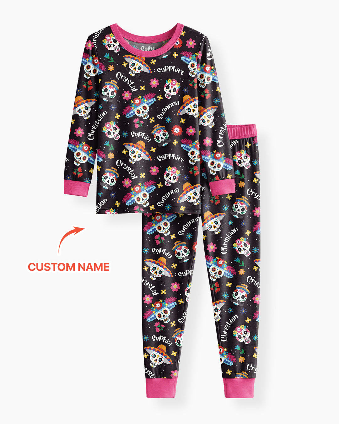 Custom Name Dia De Los Muertos Bamboo Two Piece Long Sleeve Pajama Set