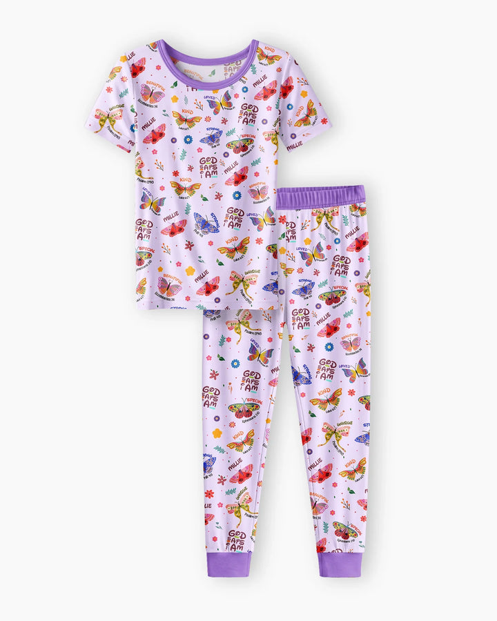 Custom Name God says I am Butterfly Bamboo Two Piece Short Sleeve Pajama Set