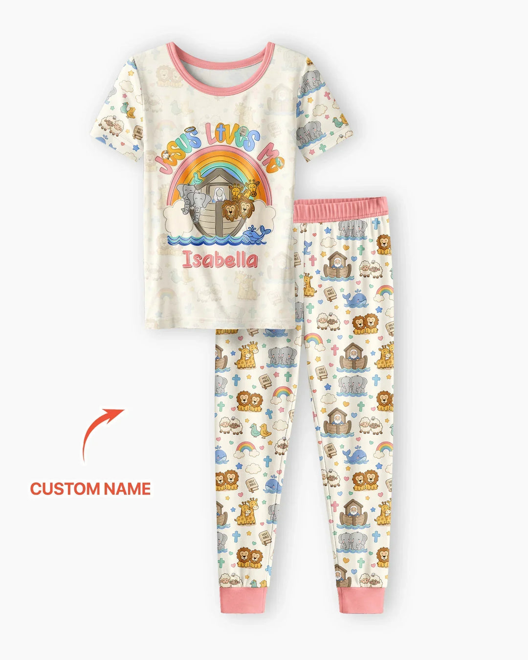 Custom Name Noah's Ark Jesus Loves Me Bamboo Two Piece Short Sleeve Pajama Set