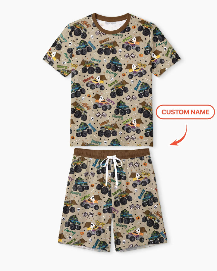 Custom Name Halloween Creepy Crusher Family Matching Bamboo Men Short Sleeve Short Pajama Set