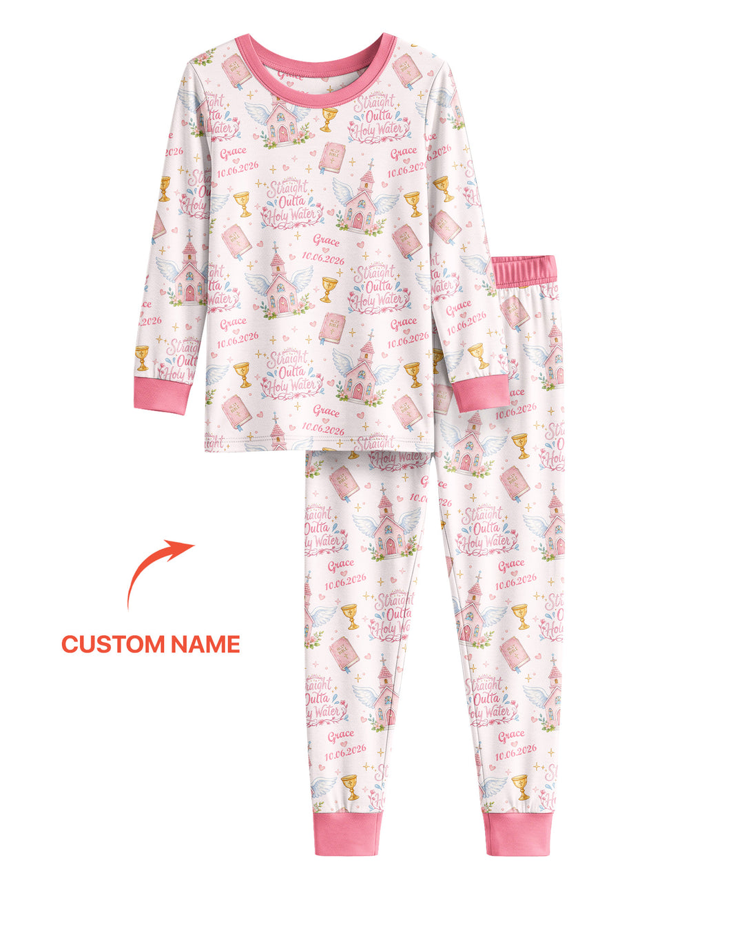Custom Name Baptism Christening Straight Outta Holy Water Bamboo Two Piece Long Sleeve Pajama Set