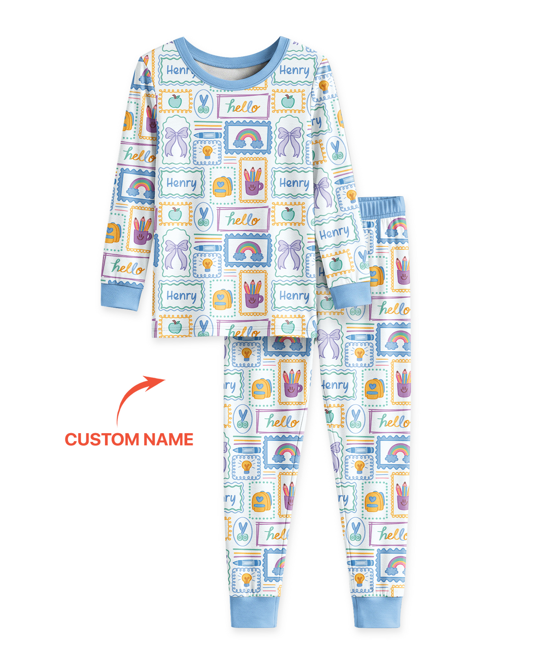 Custom Name Hello School Bamboo Two Piece Long Sleeve Pajama Set