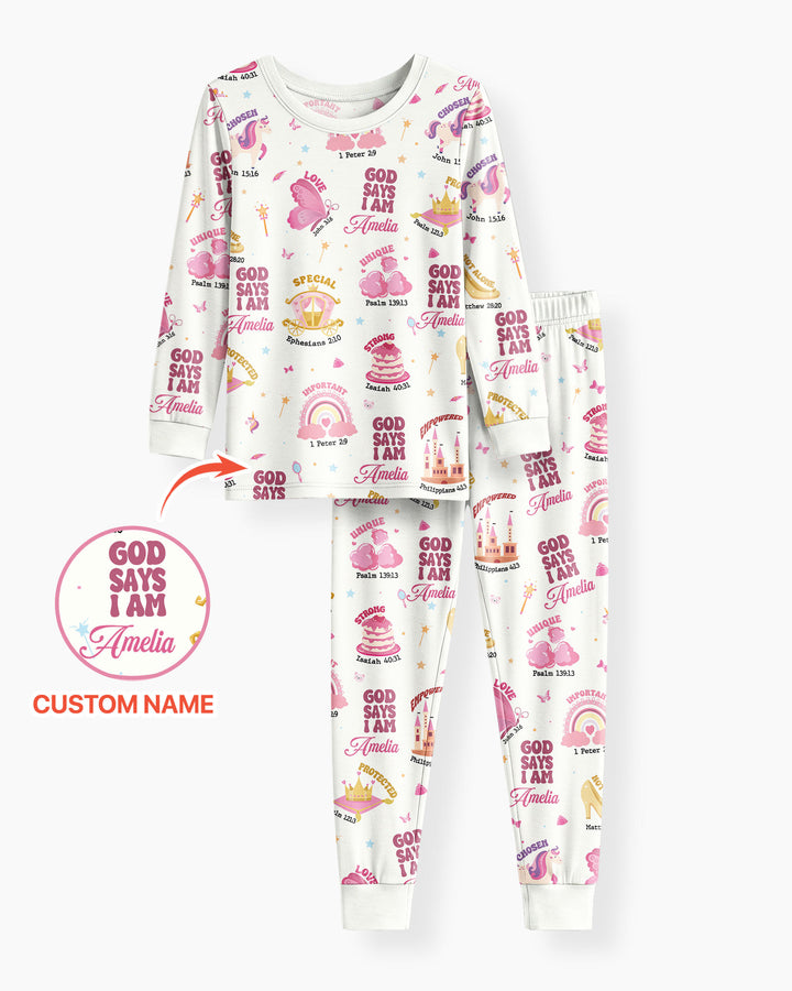 God Says I Am Custom Name - Dreamy Princess Bamboo Two Piece Long Sleeve Pajama Set