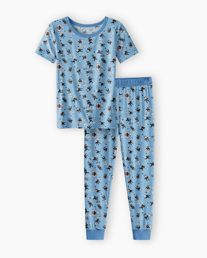 Hockey Dogs - Blue and Black Bamboo Two Piece Short Sleeve Pajama Set