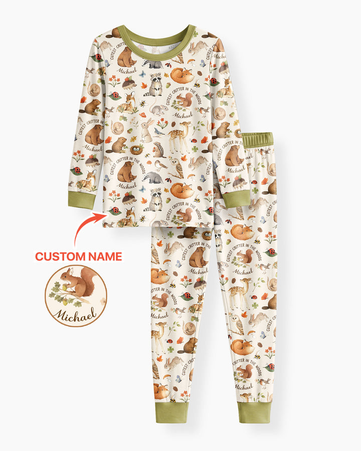 Cutest Critter In The Woods Custom Name Bamboo Two Piece Long Sleeve Pajama Set