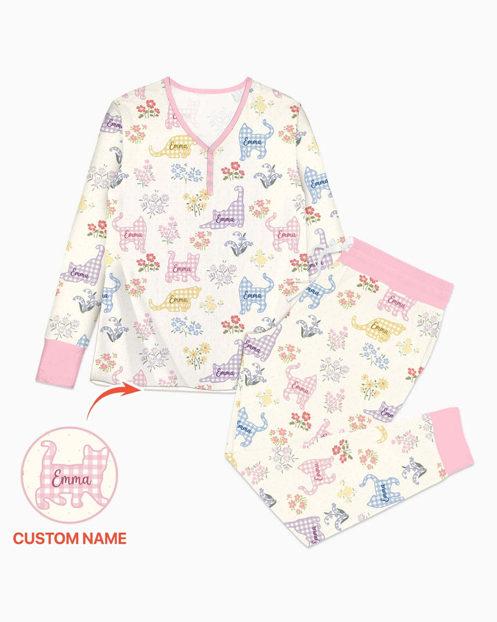 Gingham Cats Custom Name Bamboo Women Pajama Set