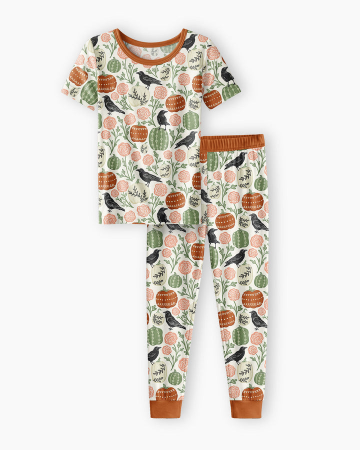 Country Crows with Mums and Pumpkins Bamboo Two Piece Short Sleeve Pajama Set