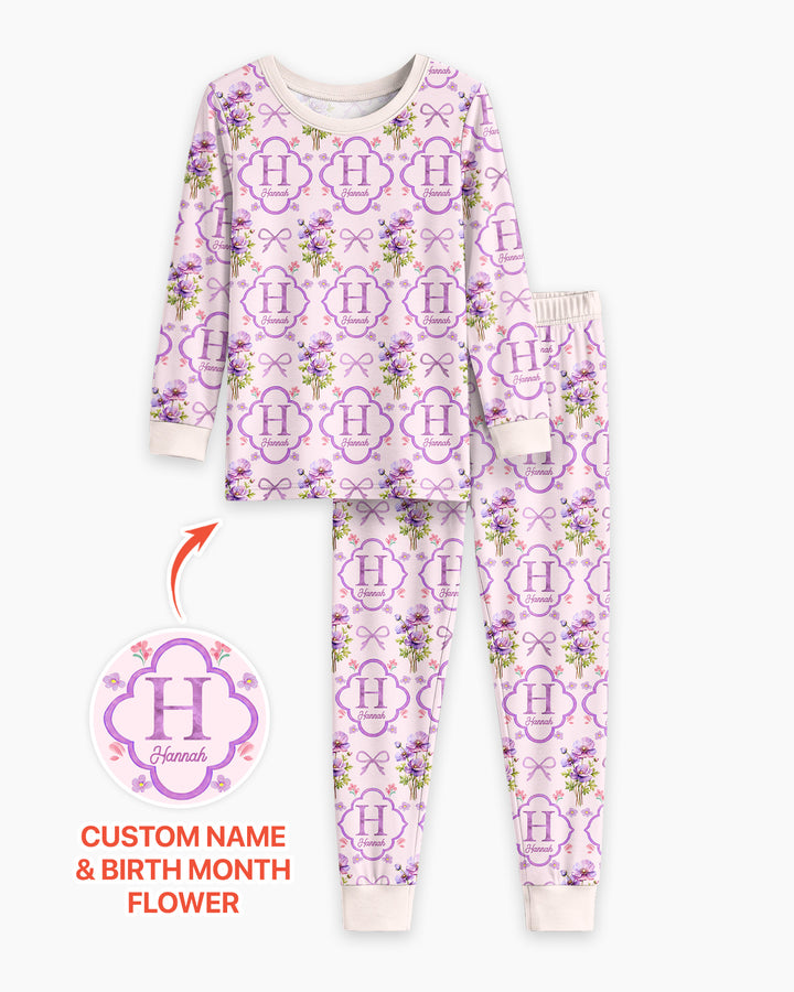 Personalized Birth Flower Mommy And Me Matching Bamboo Two Piece Long Sleeve Pajama Set