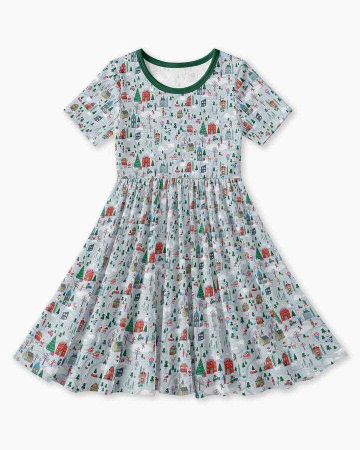 Snowy Christmas Village Map Bamboo Twirl Dress
