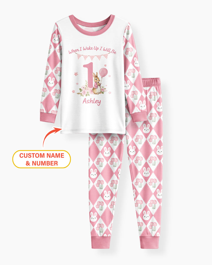 Custom Name When I Wake Up Bunny Birthday Bamboo Two Piece Long Sleeve Pajama Set
