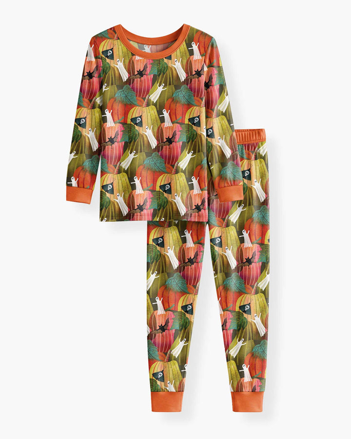 Big Pumpkin Field With Ghosts Bamboo Two Piece Long Sleeve Pajama Set