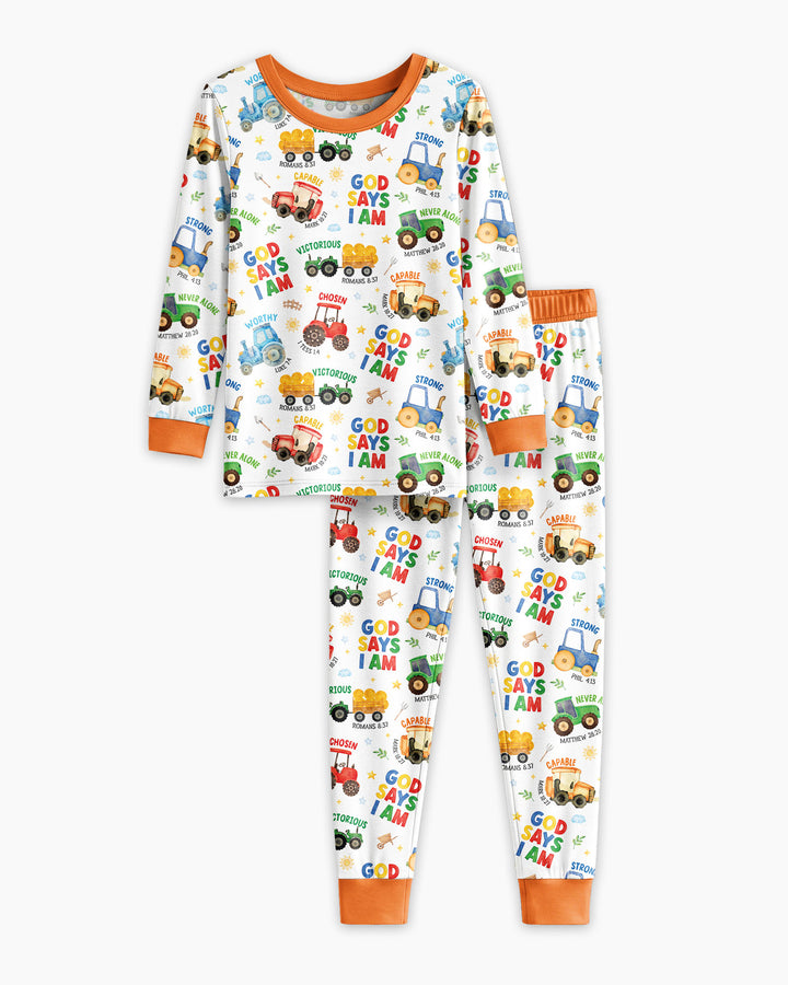 Farm Vehicles God Says I am Bamboo Two Piece Long Sleeve Pajama Set