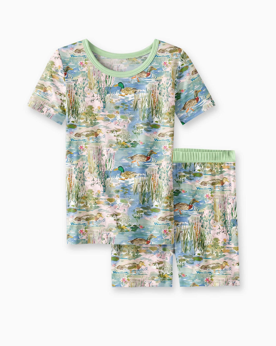 Watercolor Mallard Duck Bamboo Two Piece Short Sleeve Shorts Pajama Set