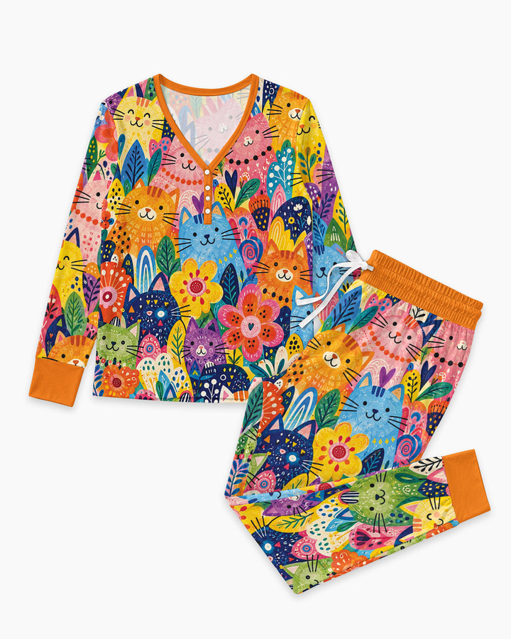 Colorful Lovely Cat Bamboo Women Pajama Set