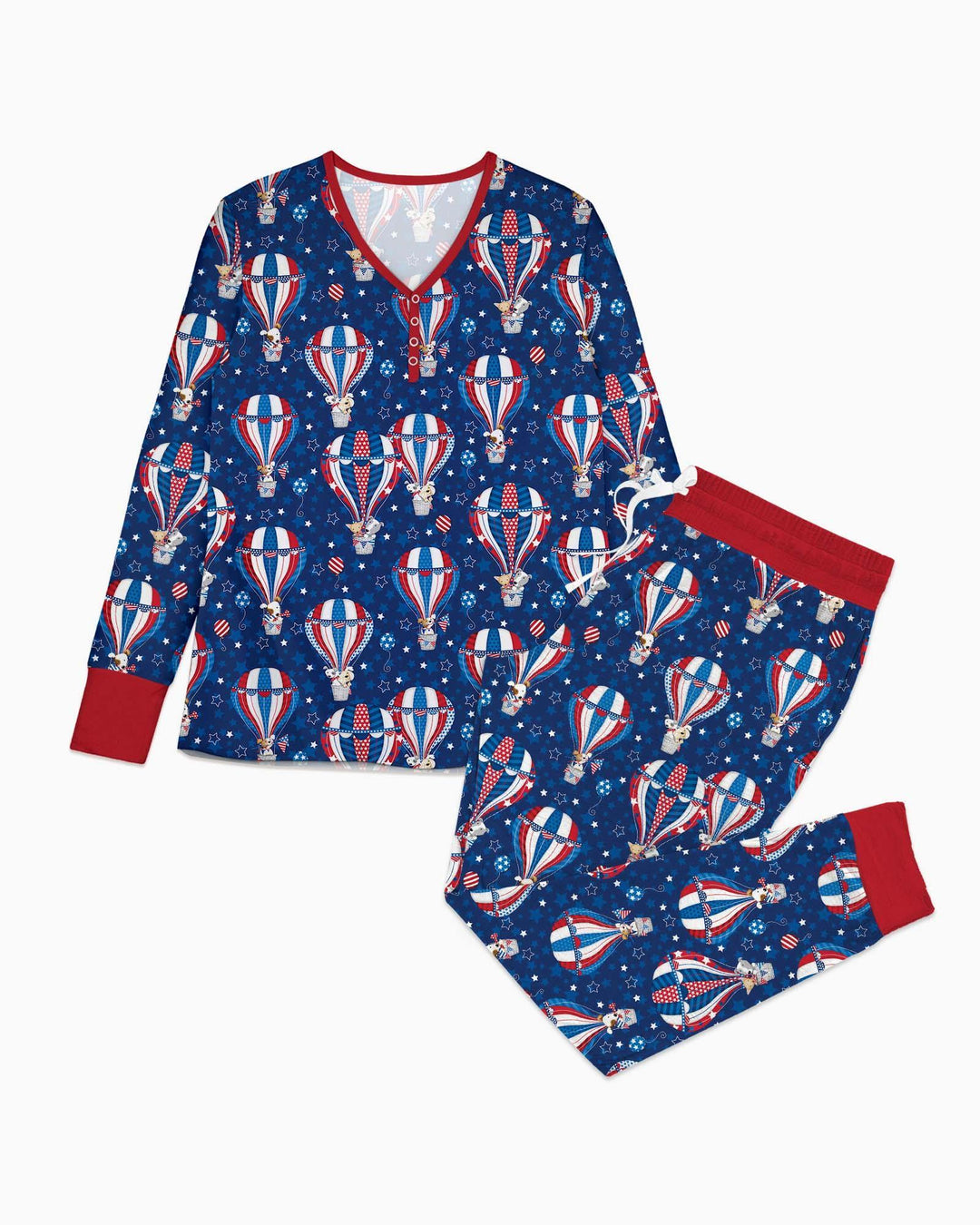 Patriotische Welpen in Heißluftballons Familien-Pyjama-Set aus Bambus für Damen