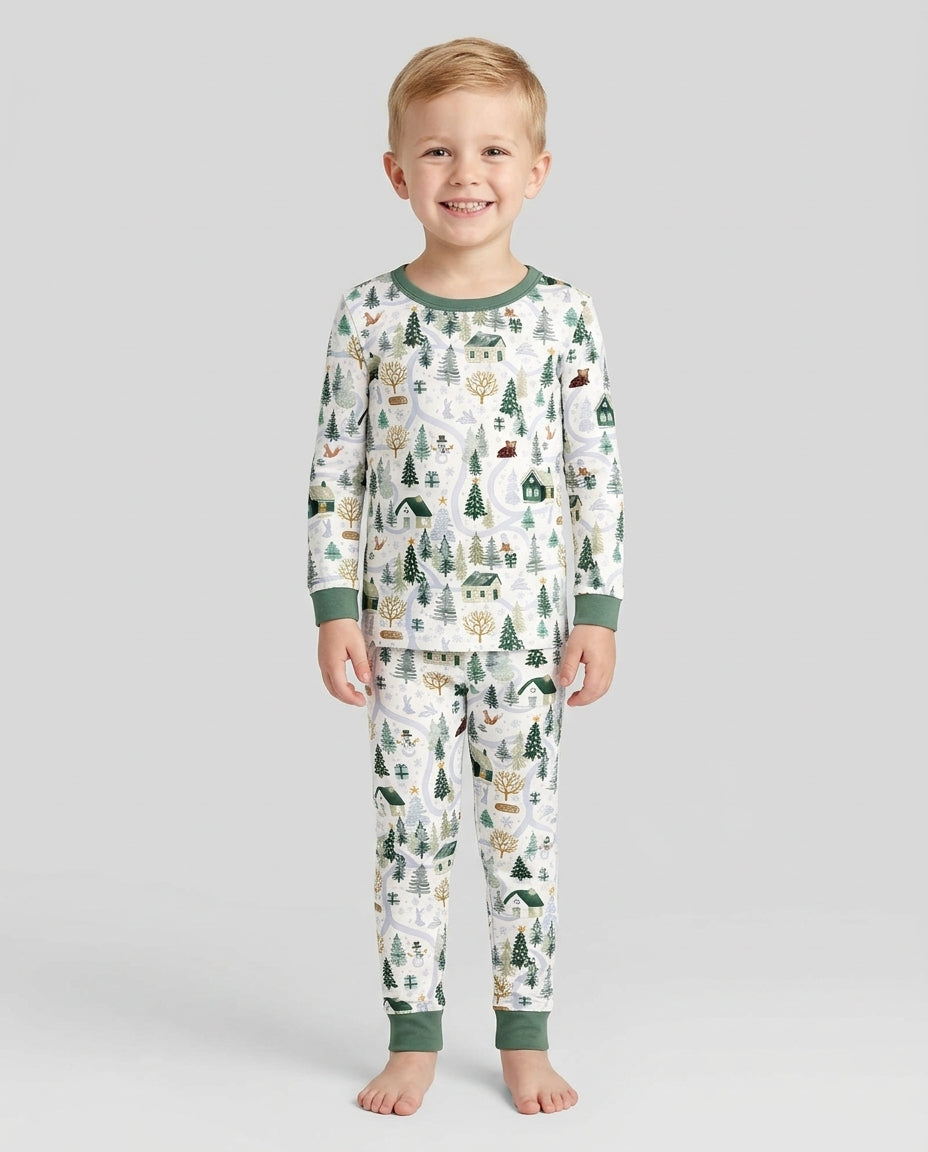 Winter Woodland Village Bamboo Two Piece Long Sleeve Pajama Set