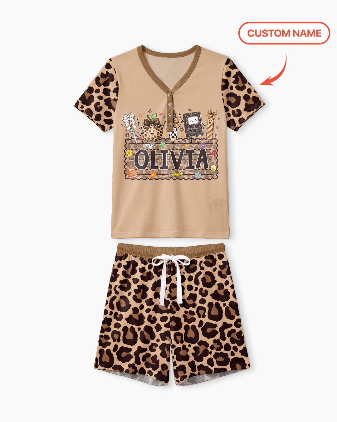 Custom Name School Sweetheart Leopard Bamboo Women Short Sleeve Short Pajama Set