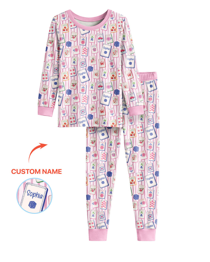 Coastal Mahjong Custom Name Mommy & Me Matching Bamboo Two Piece Long Sleeve Pajama Set