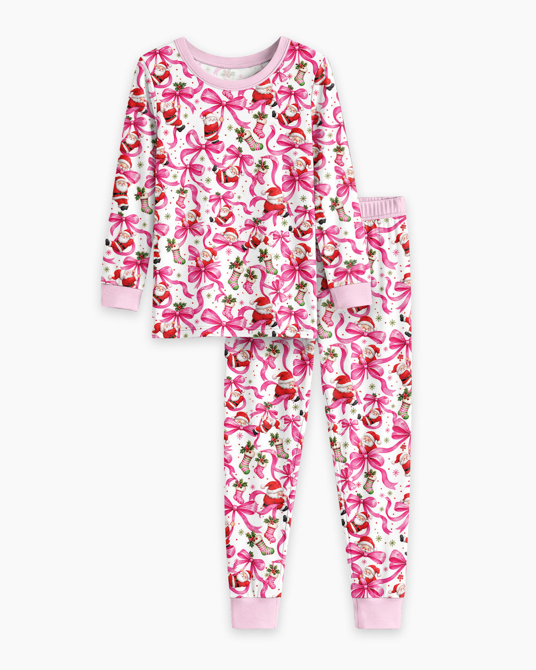 Pink Christmas Santa Bows Bamboo Two Piece Long Sleeve Pajama Set